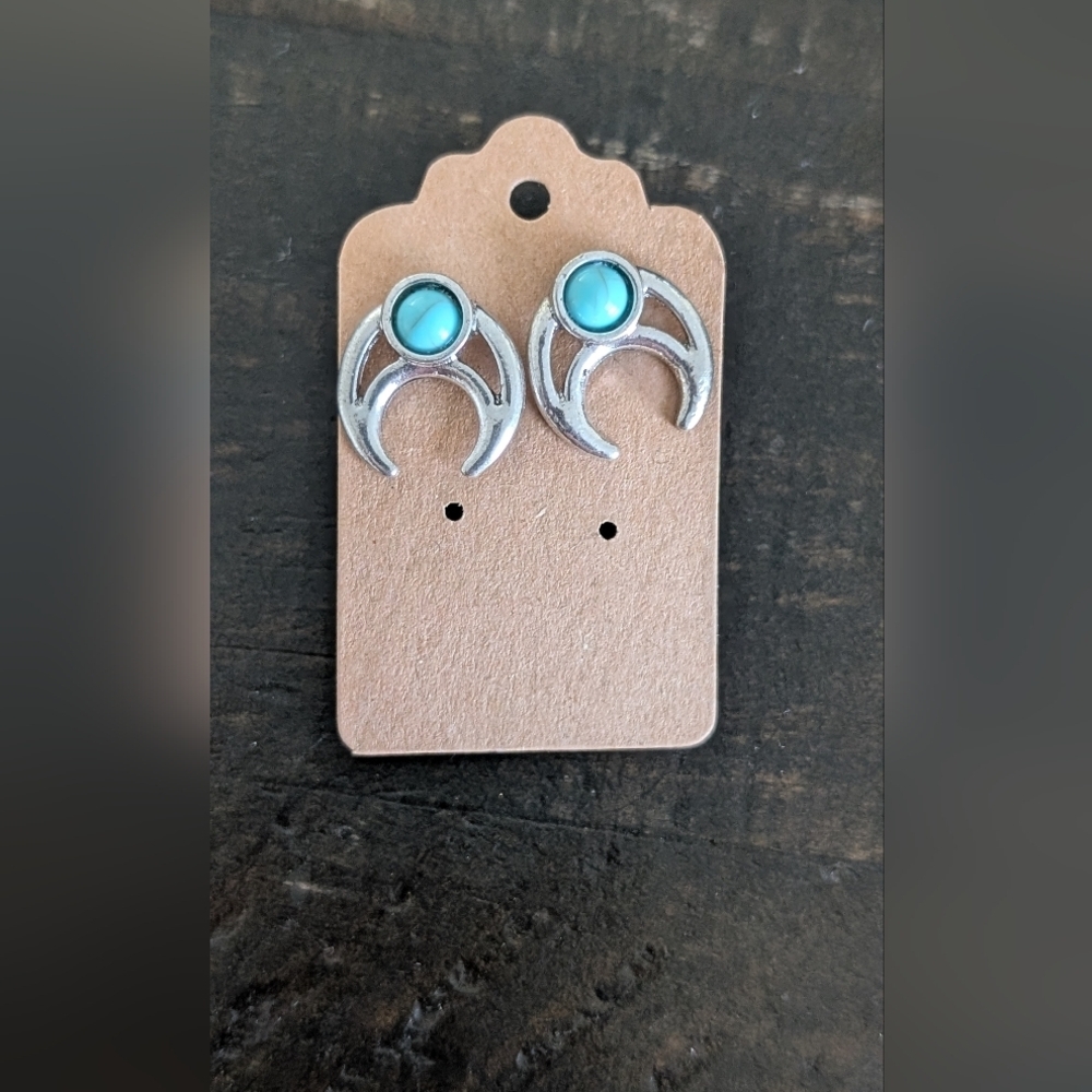 Silver Crescent Stud Earrings with Turquoise Cabochons - Women Jewelry